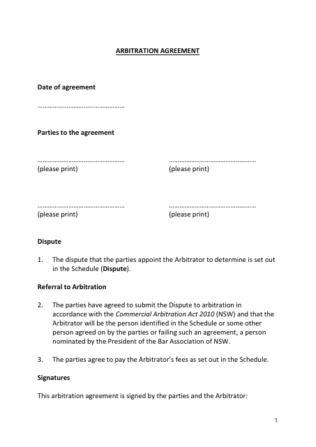 Arbitration Agreement Form - New South Wales, Australia