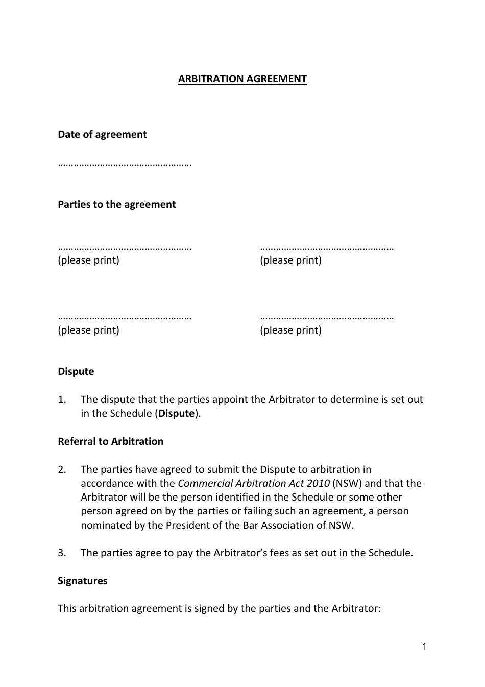 Arbitration Agreement Form - New South Wales, Australia, Page 1