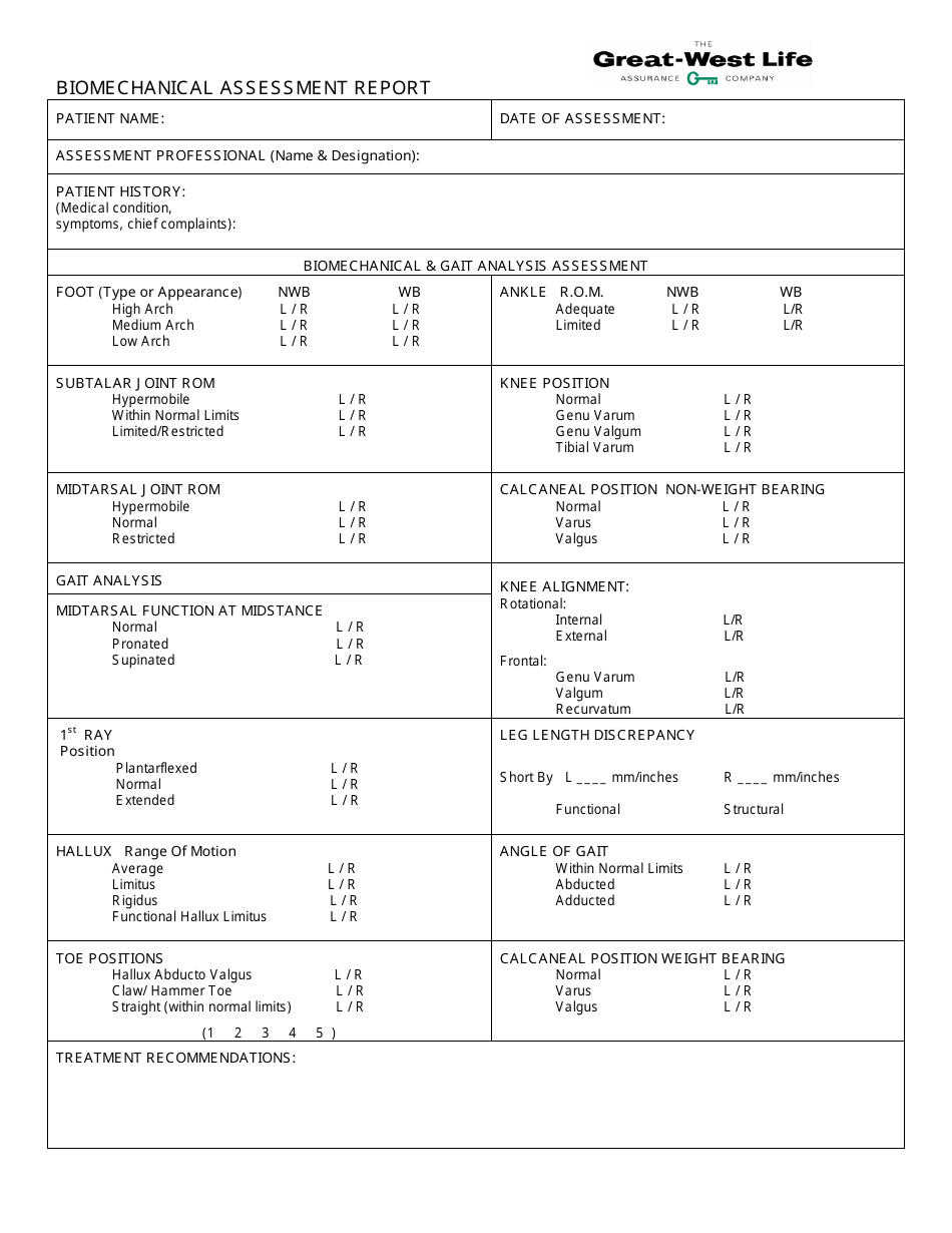 Biomechanical Assessment Report Form Great West Life Assurance Company Download Printable Pdf Templateroller
