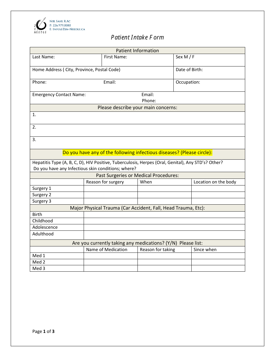 Patient Intake Form - Zen-Needle, Page 1