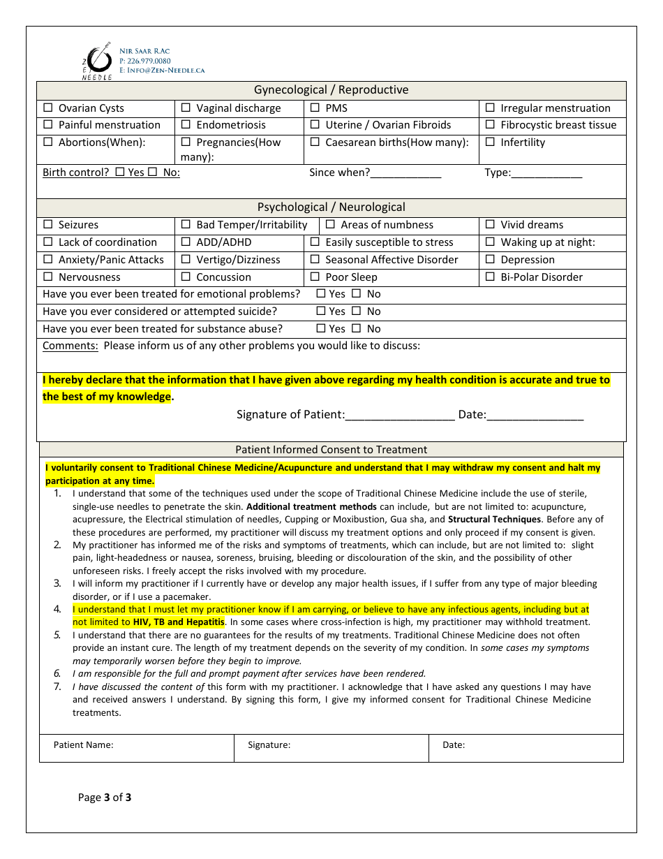 Patient Intake Form - Zen-Needle, Page 3