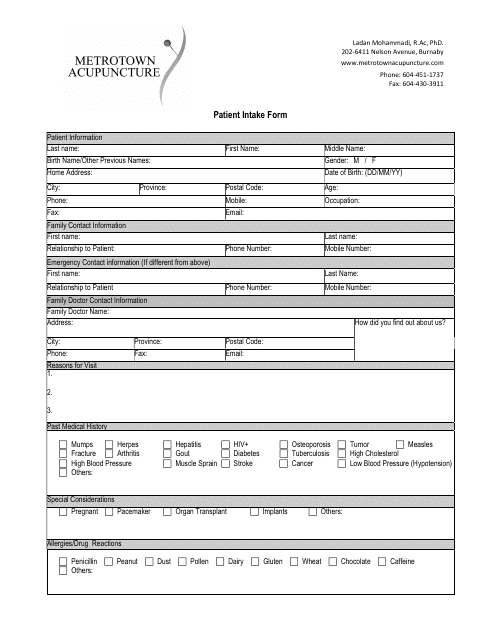 Acupunture Patient Intake Form - Metrotown Acupuncture