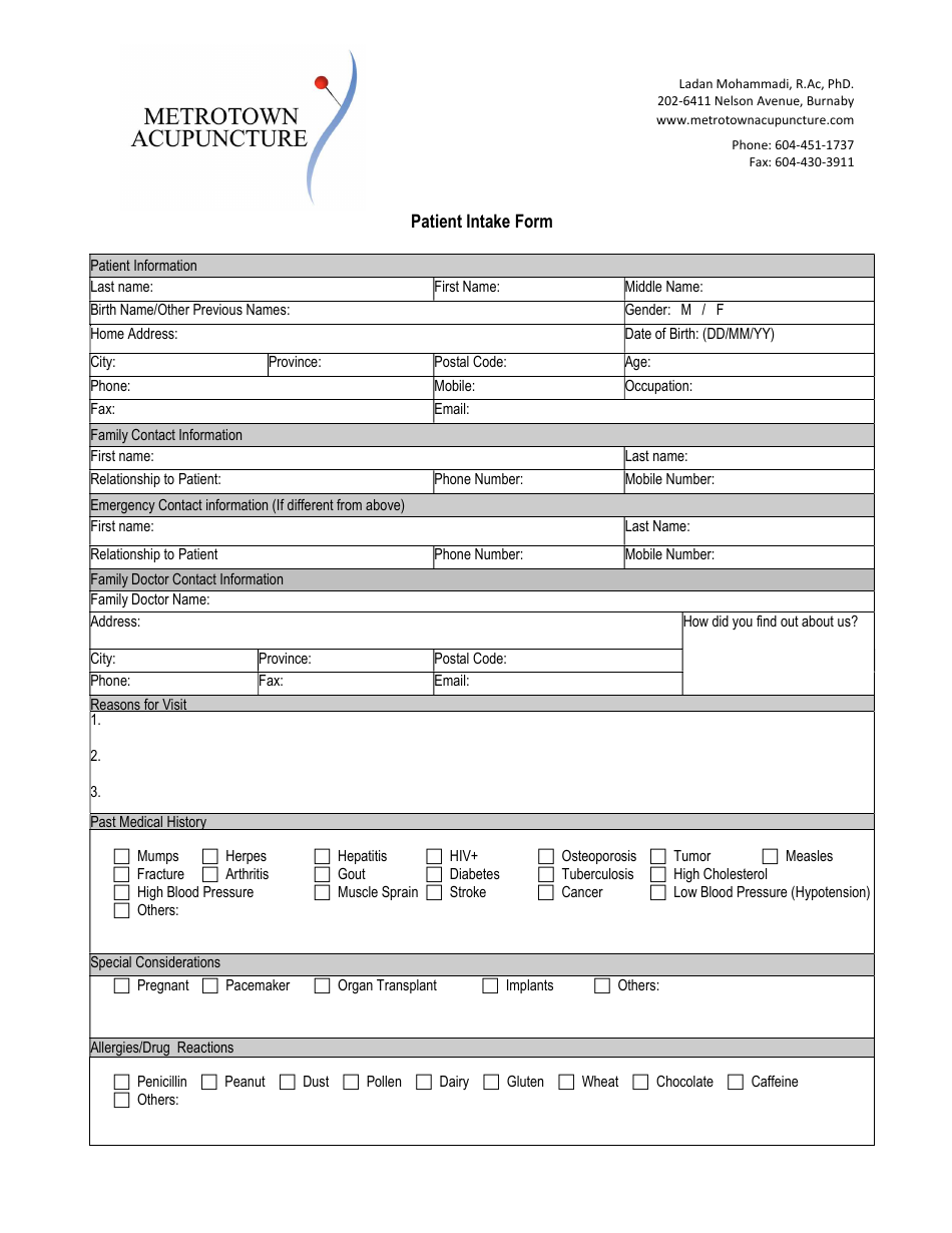 Acupunture Patient Intake Form Metrotown Acupuncture Fill Out, Sign