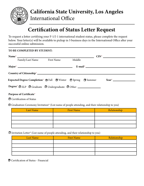 Certification of Status Letter Request Form - California State University