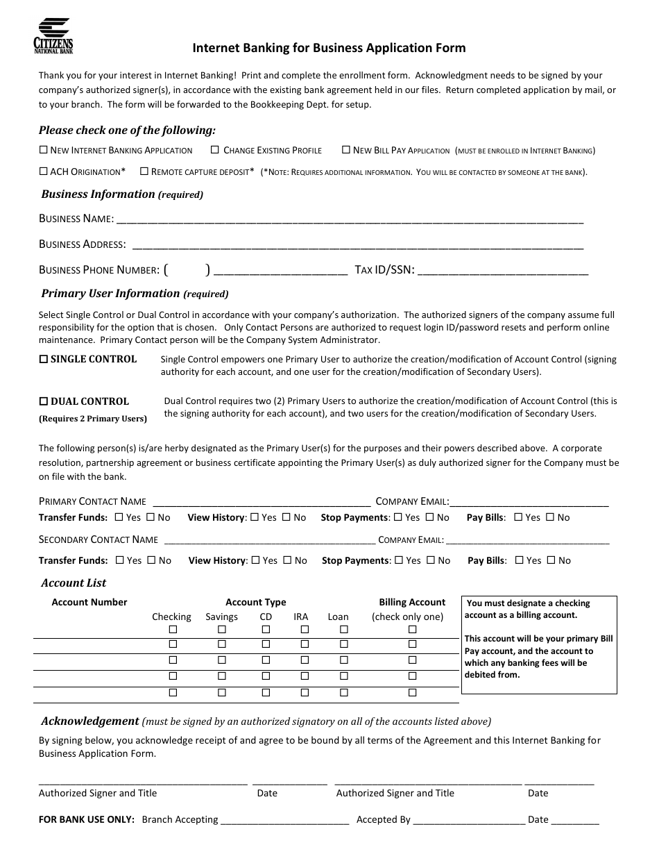 Internet Banking for Business Application Form - Citizens National Bank, Page 1