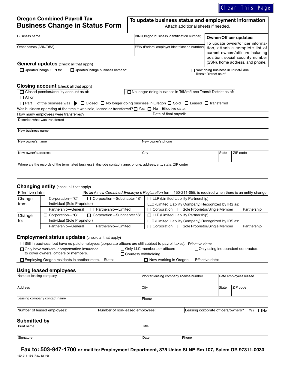 Form 150-211-156 Business Change in Status Form - Oregon, Page 1