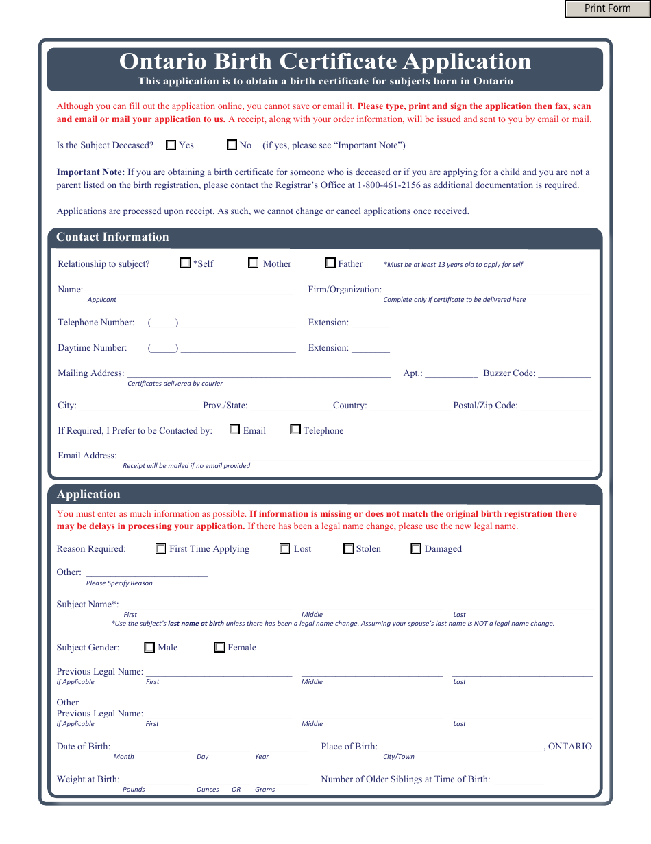 Ontario Canada Birth Certificate Application Form Fill Out Sign Online And Download Pdf 