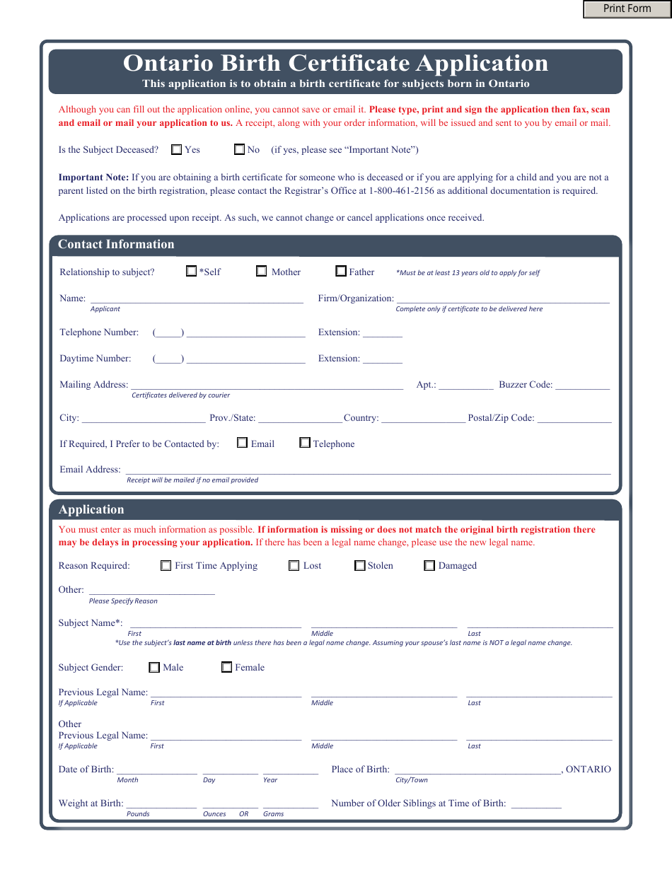 Birth Certificate Application Form - Ontario, Canada, Page 1