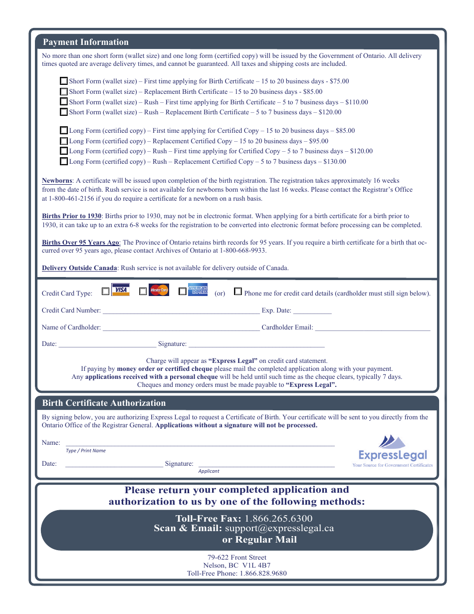 Ontario Canada Birth Certificate Application Form Fill Out Sign Online And Download PDF