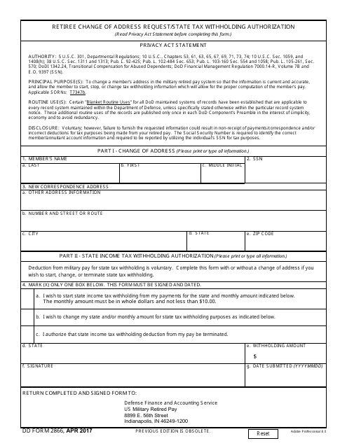 DD Form 2866 Retiree Change of Address Request/State Tax Withholding Authorization