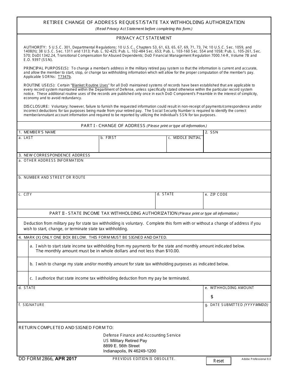 DD Form 2866 Retiree Change of Address Request / State Tax Withholding Authorization, Page 1