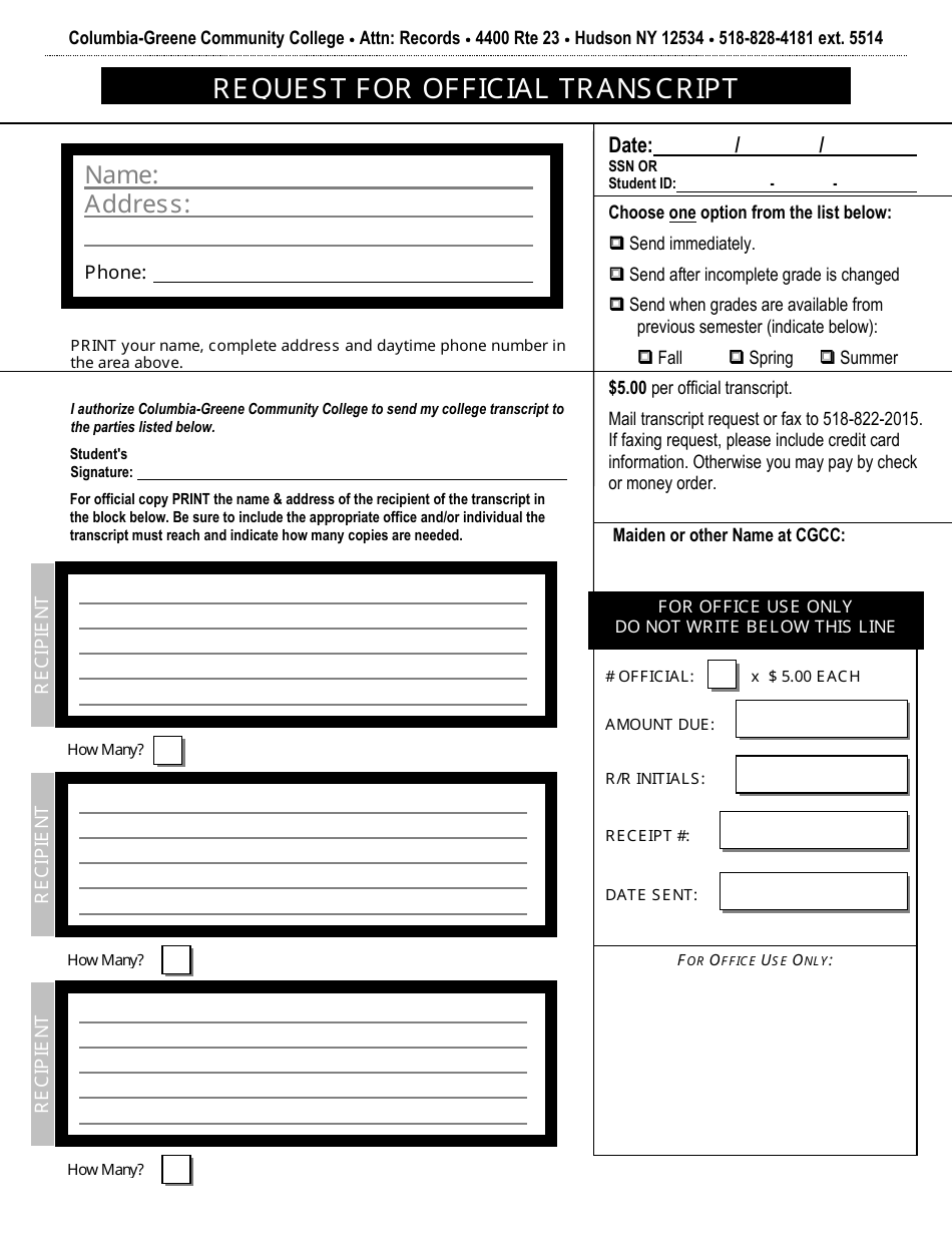 Request for Official Transcript - Columbia-Greene Community College ...