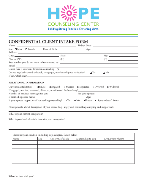 &quot;Confidential Client Intake Form - Hope Counseling Center&quot; Download Pdf