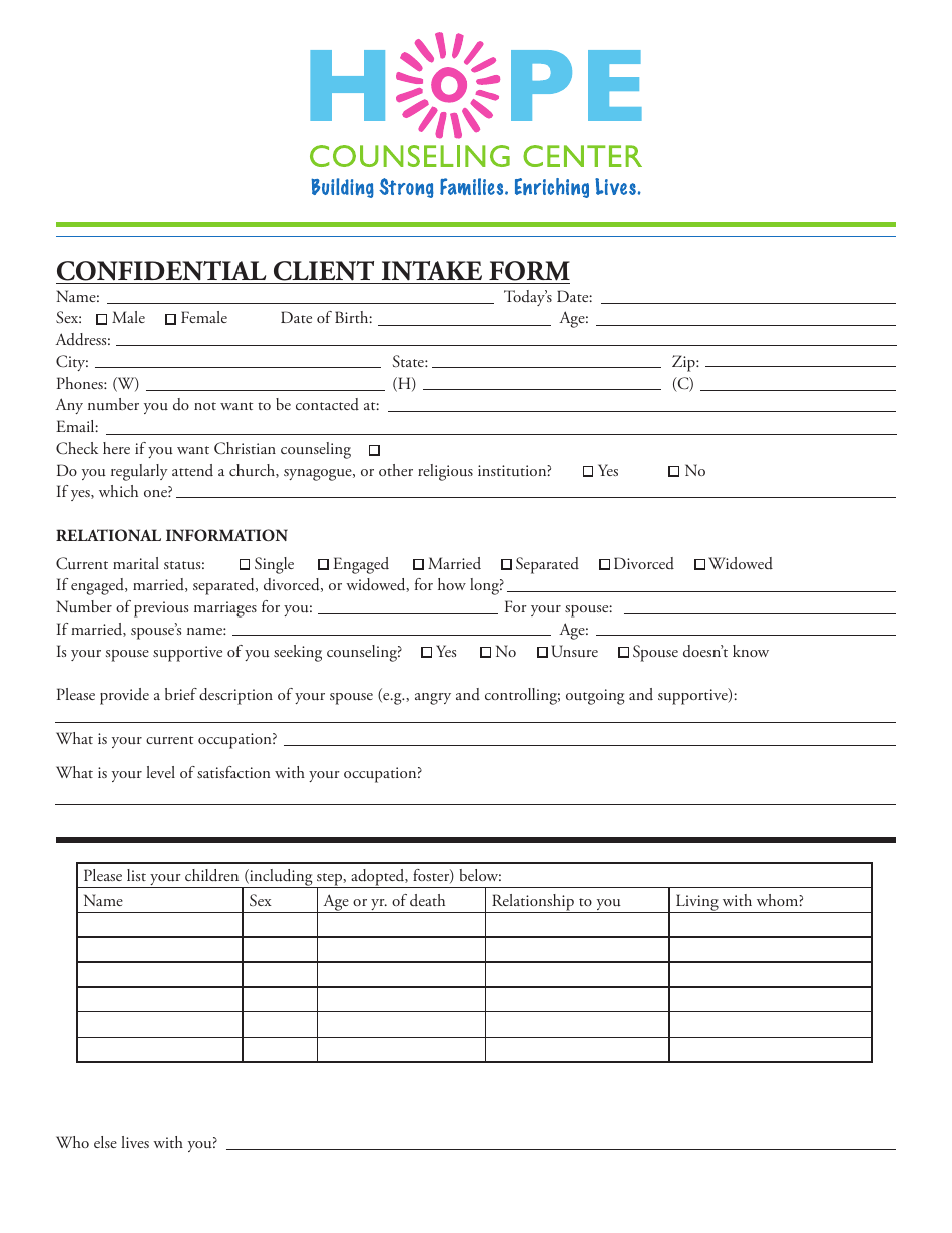 Confidential Client Intake Form Hope Counseling Center Fill Out