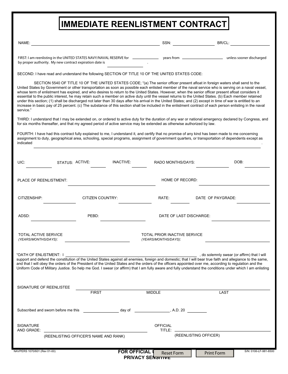 NAVPERS Form 1070 / 601 Immediate Reenlistment Contract, Page 1