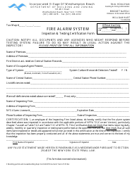 Document preview: Inspection & Testing Certification Form - Fire Alarm System - Village of Westhampton Beach, New York