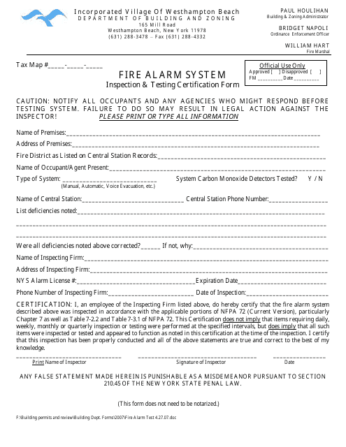 Inspection & Testing Certification Form - Fire Alarm System - Village of Westhampton Beach, New York Download Pdf