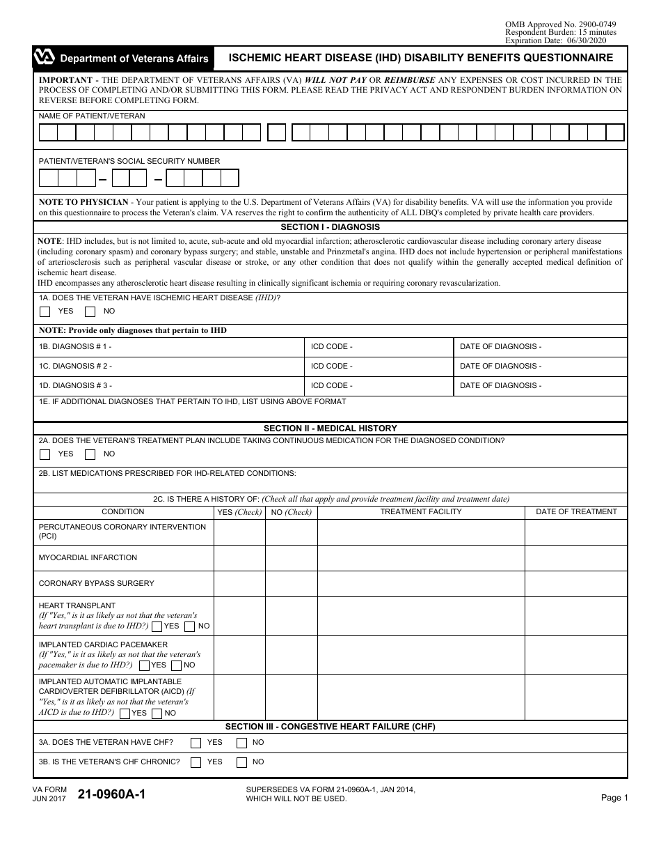 VA Form 21-0960a-1 Ischemic Heart Disease Disability Benefits Questionnaire, Page 1