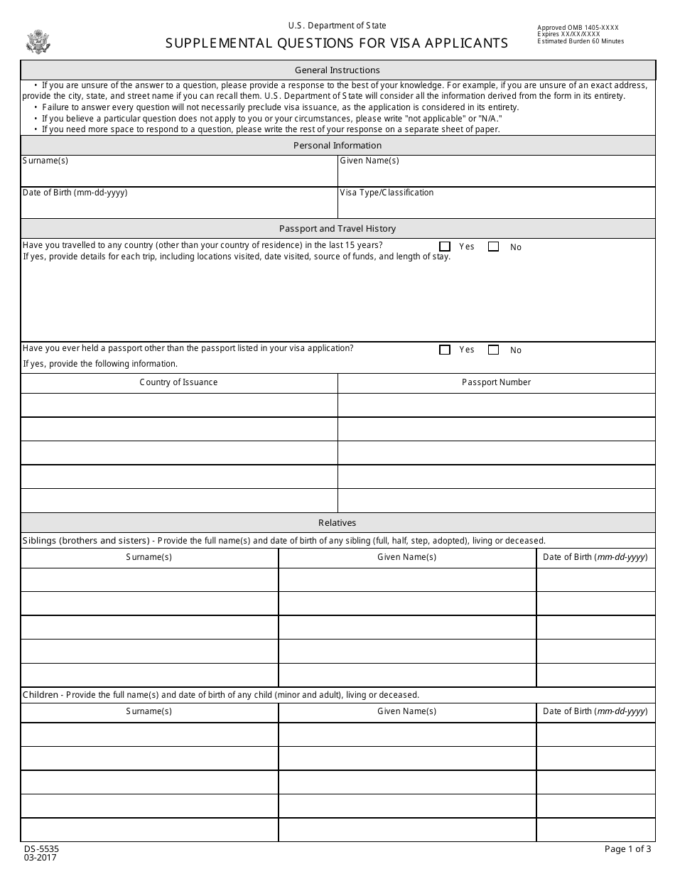 Form DS-5535 Supplemental Questions for Visa Applicants, Page 1