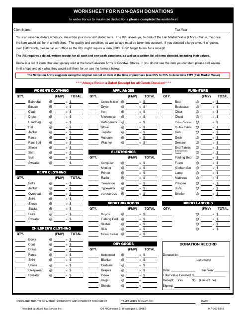 Non-cash Donations Worksheet Template - Aapril Tax Service Inc Download Pdf