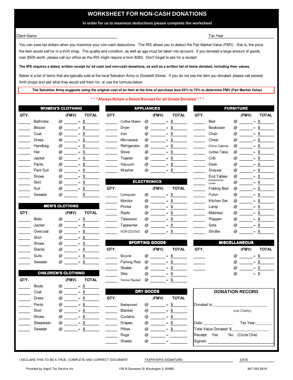 Non-cash Donations Worksheet Template - Aapril Tax Service Inc, Page 1