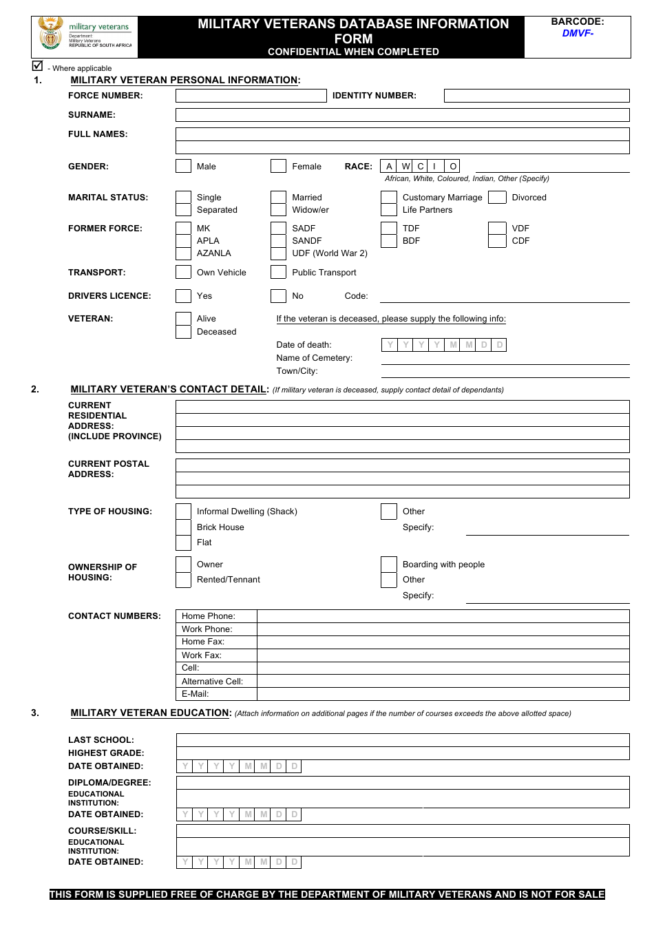 Military Veterans Database Information Form - South Africa, Page 1