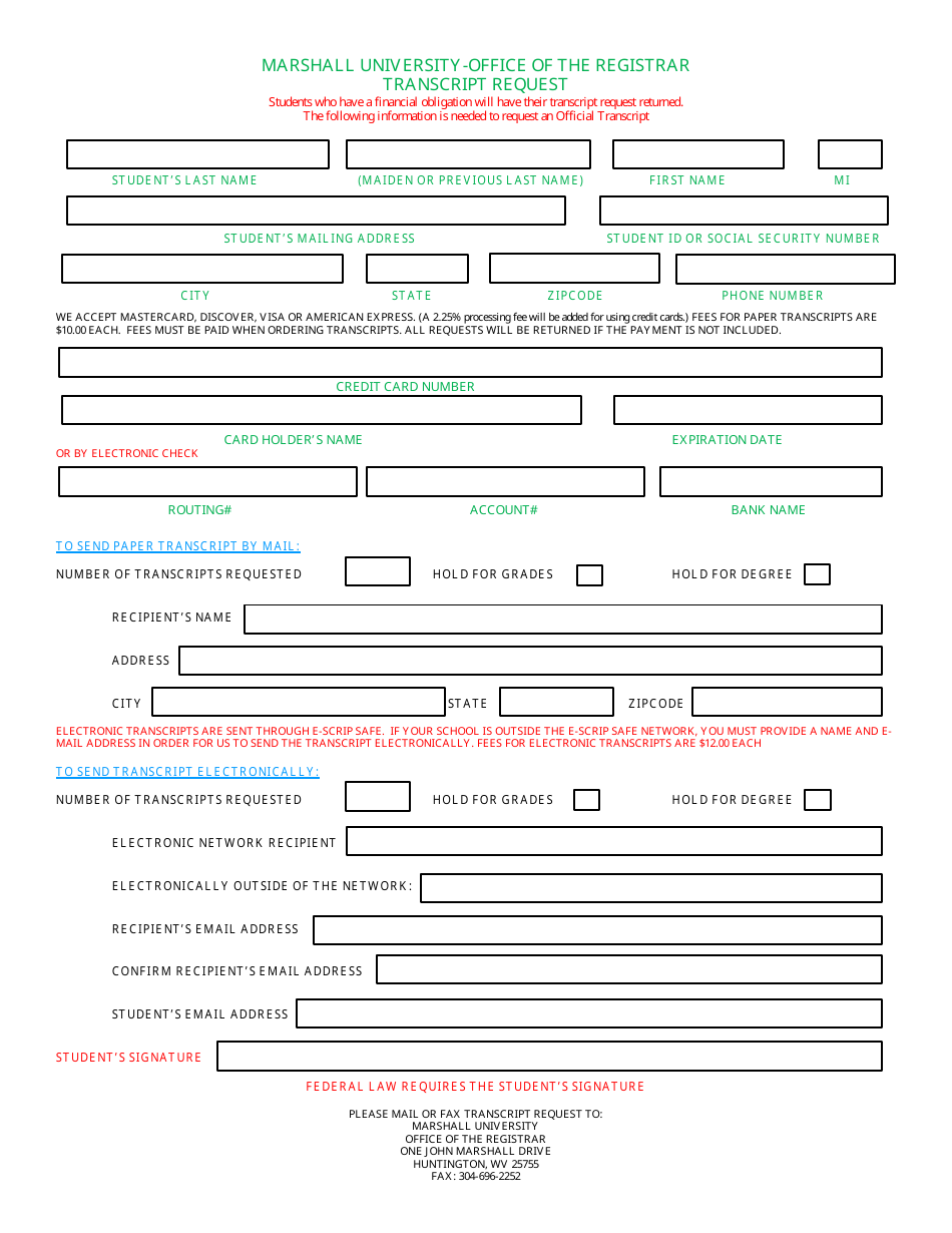 Transcript Request Form - Marshal University, Page 1