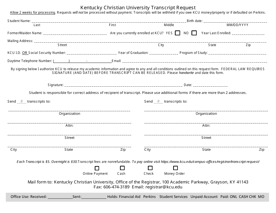 Transcript Request Form - Kentucky Christian University, Page 1