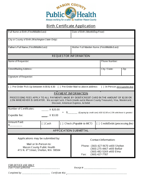 &quot;Birth Certificate Application Form&quot; - Mason County, Washington Download Pdf
