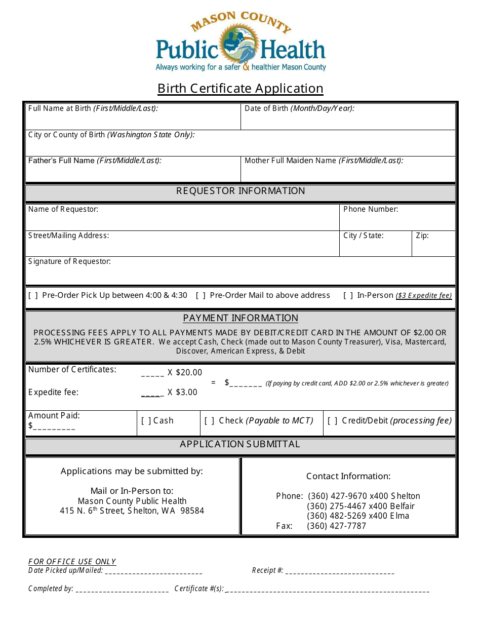 Birth Certificate Application Form - Mason County, Washington, Page 1