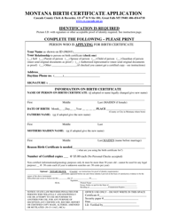 Montana Birth Certificate Application Download Printable PDF