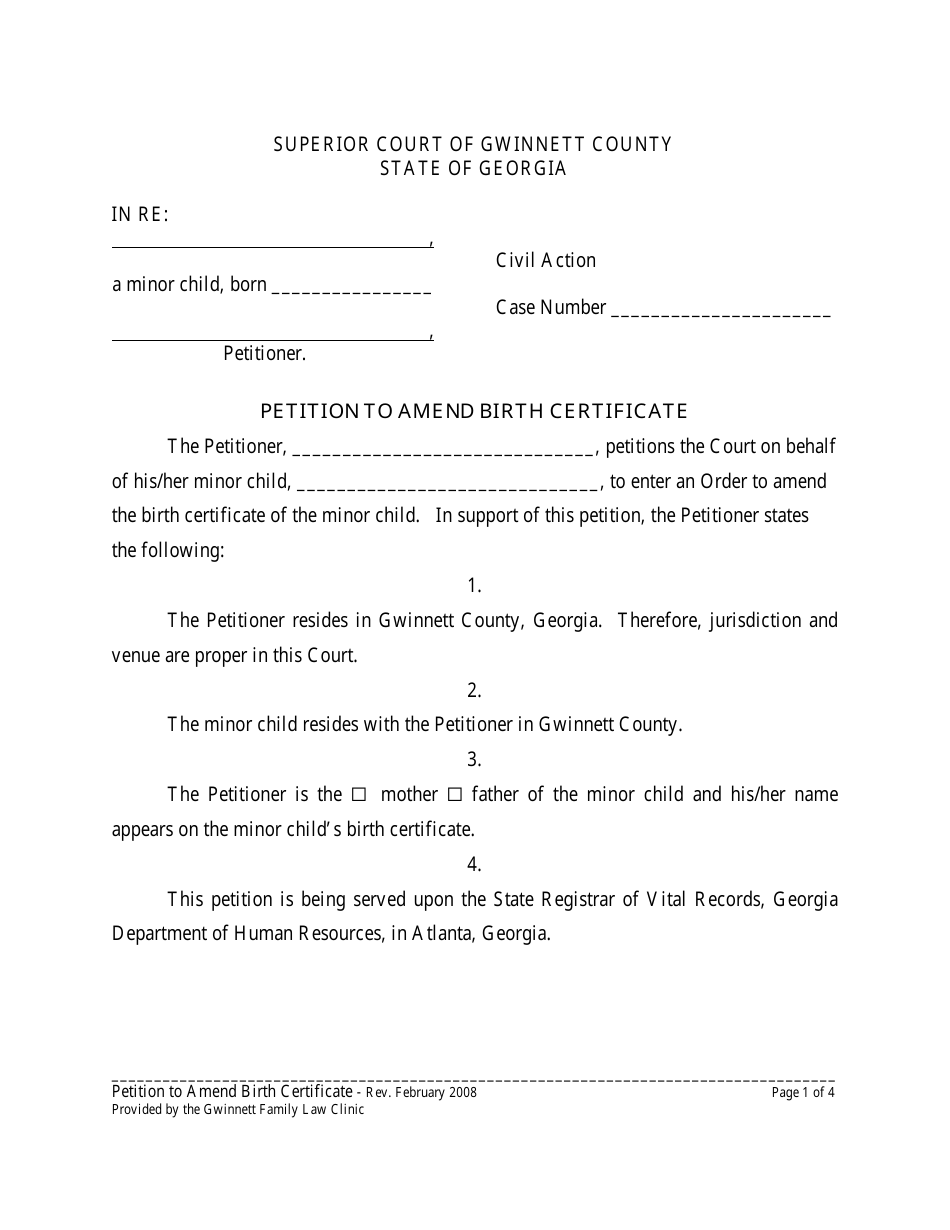 Petition to Amend Birth Certificate - Georgia (United States), Page 1