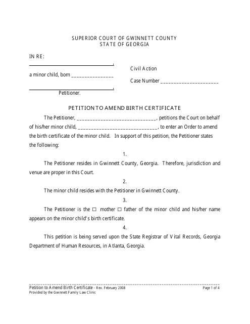 &quot;Petition to Amend Birth Certificate&quot; - Georgia (United States) Download Pdf