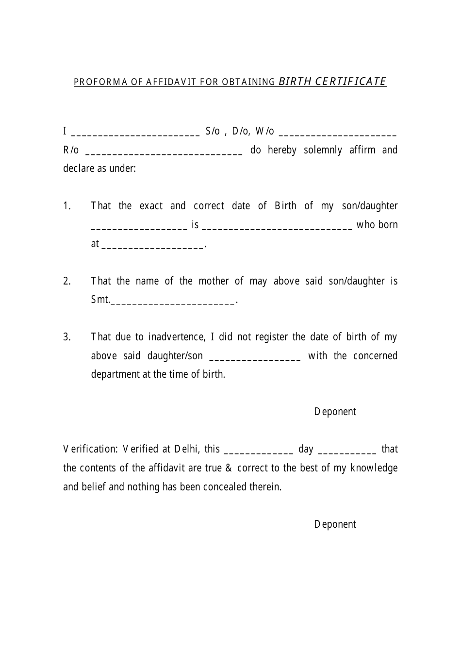 Proforma of Affidavit for Obtaining Birth Certificate, Page 1