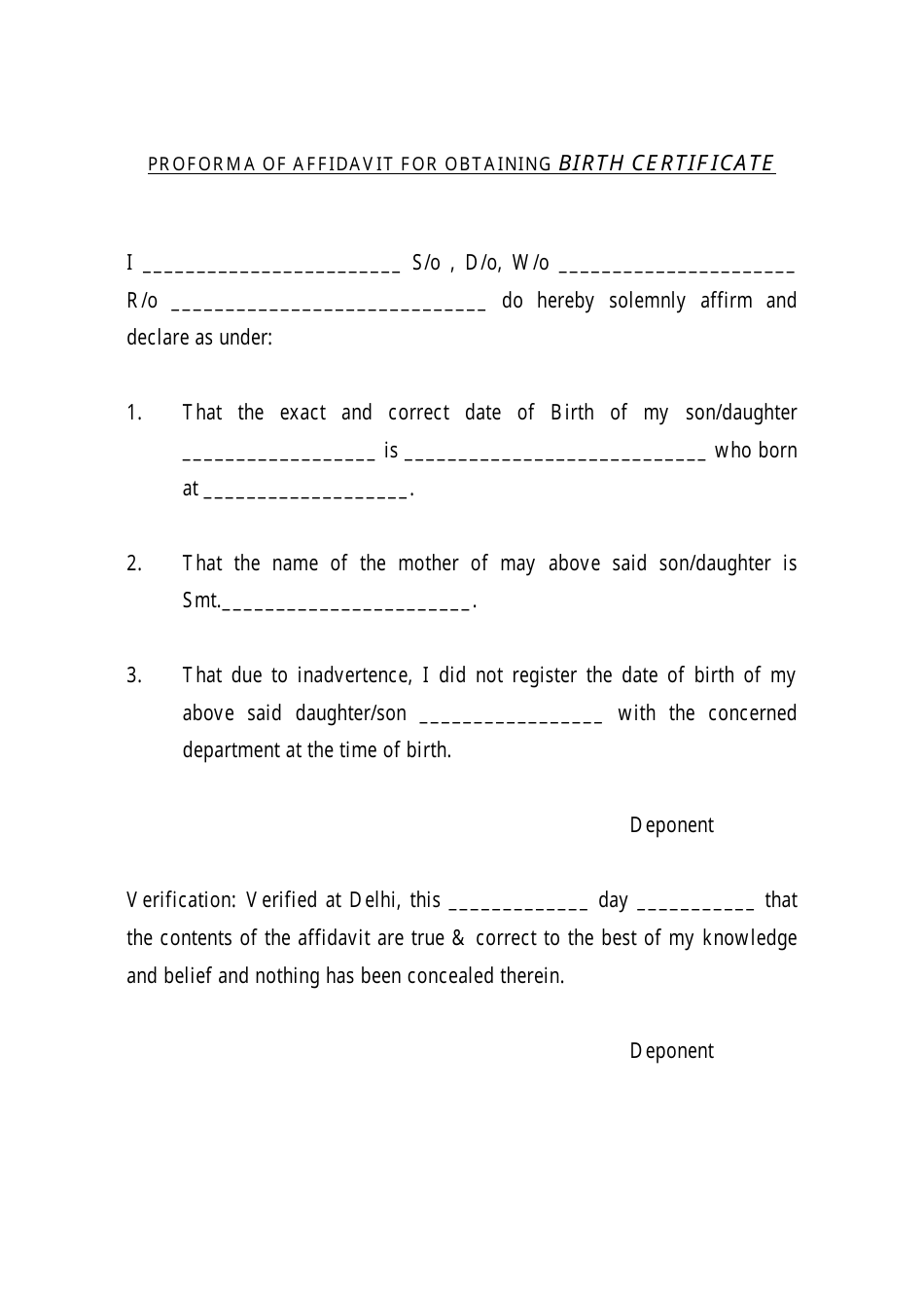 Proforma Of Affidavit For Obtaining Birth Certificate Fill Out Sign Online And Download Pdf 9709