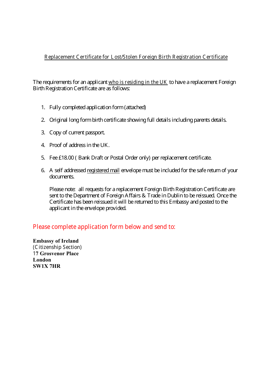 Replacement Certificate Form for Lost / Stolen Foreign Birth Registration Certificate - Ireland, Page 1