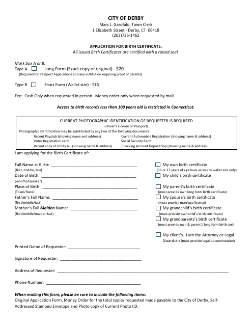 Application Form for Birth Certificate - City of Derby, Connecticut Download Pdf