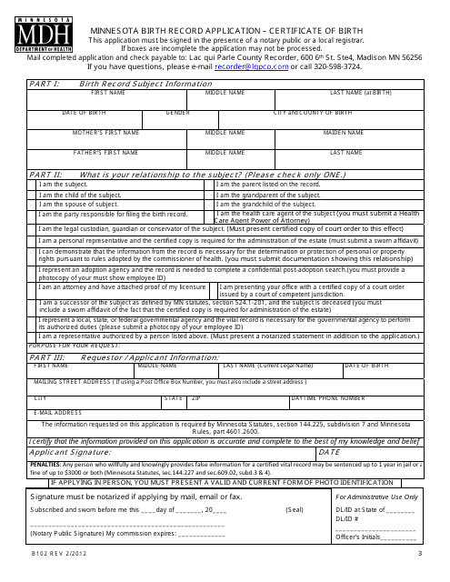 Form B102 Application Form for Certificate of Birth - Minnesota