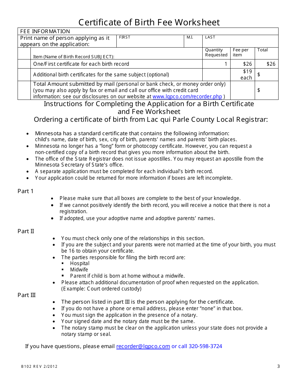 Form B102 Application Form for Certificate of Birth - Minnesota, Page 2