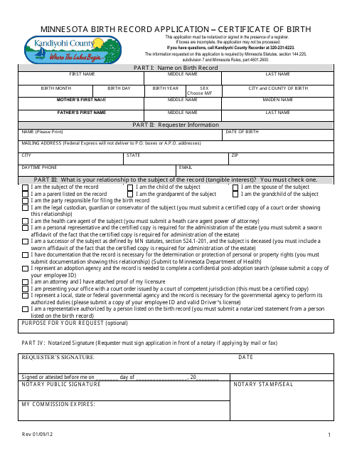 Certificate of Birth Form - Kandiyohi County, Minnesota