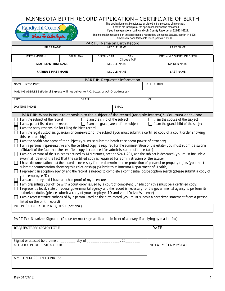Certificate of Birth Form - Kandiyohi County, Minnesota, Page 1