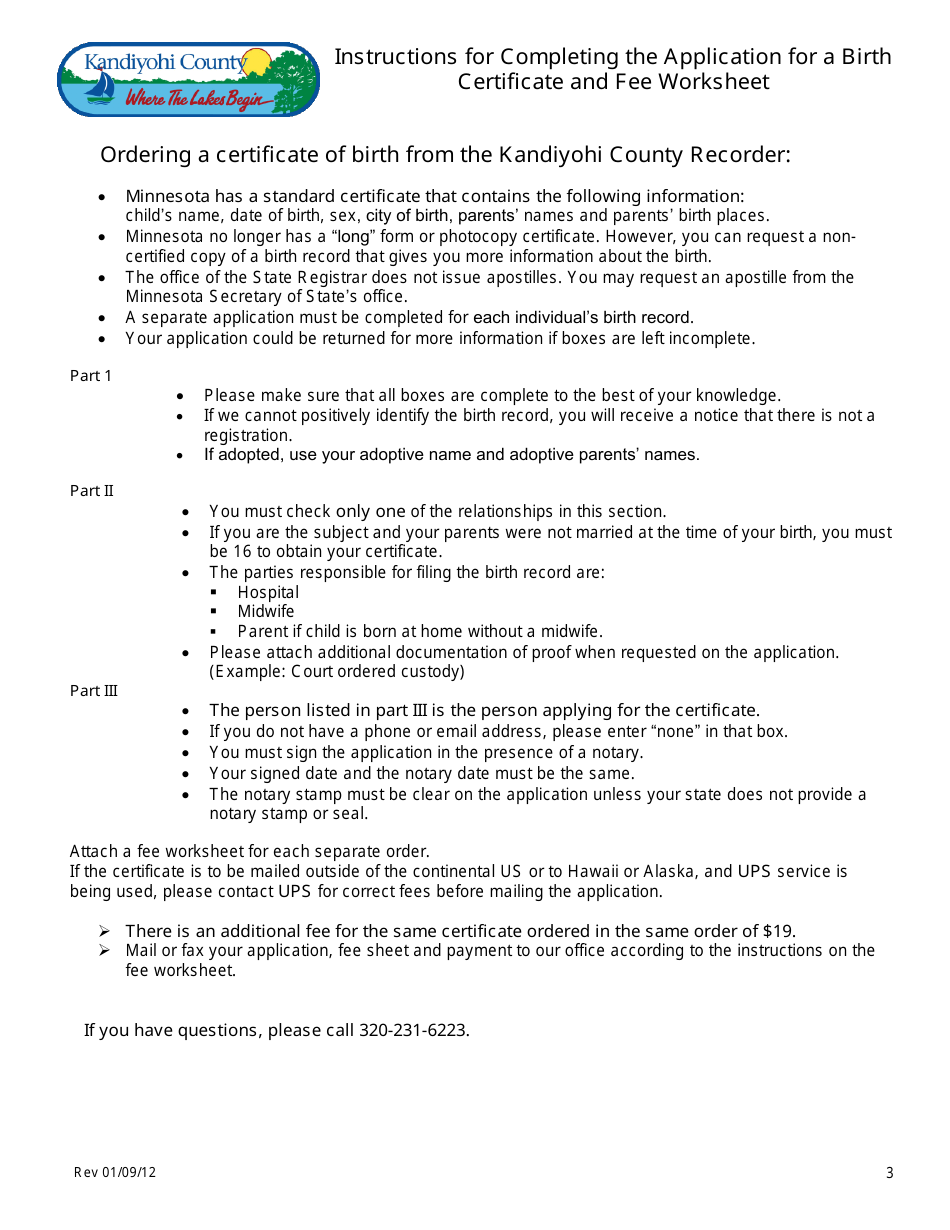 Certificate of Birth Form - Kandiyohi County, Minnesota, Page 3