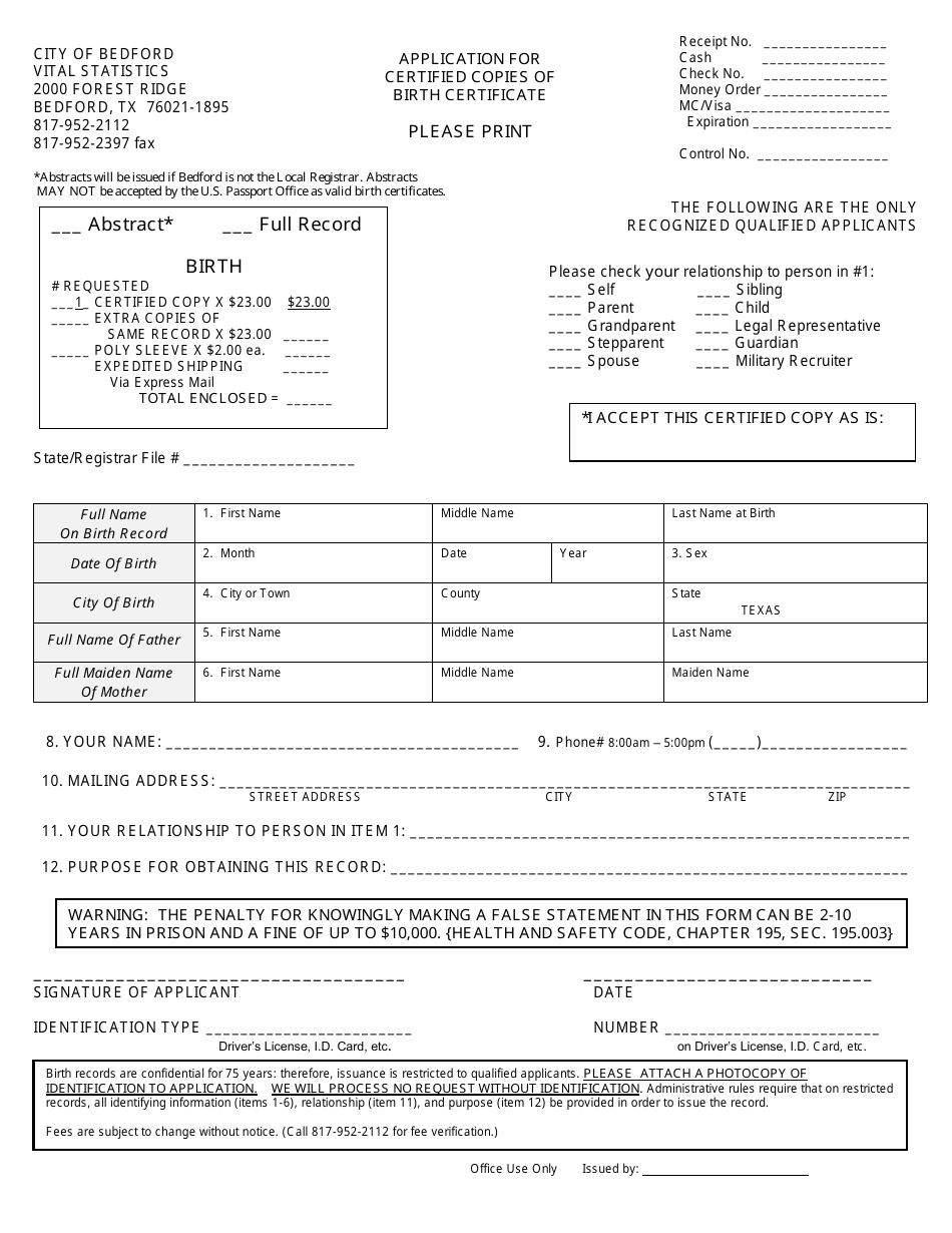 Application Form for Certified Copies of Birth Certificate - CIty of Bedford, Texas, Page 1