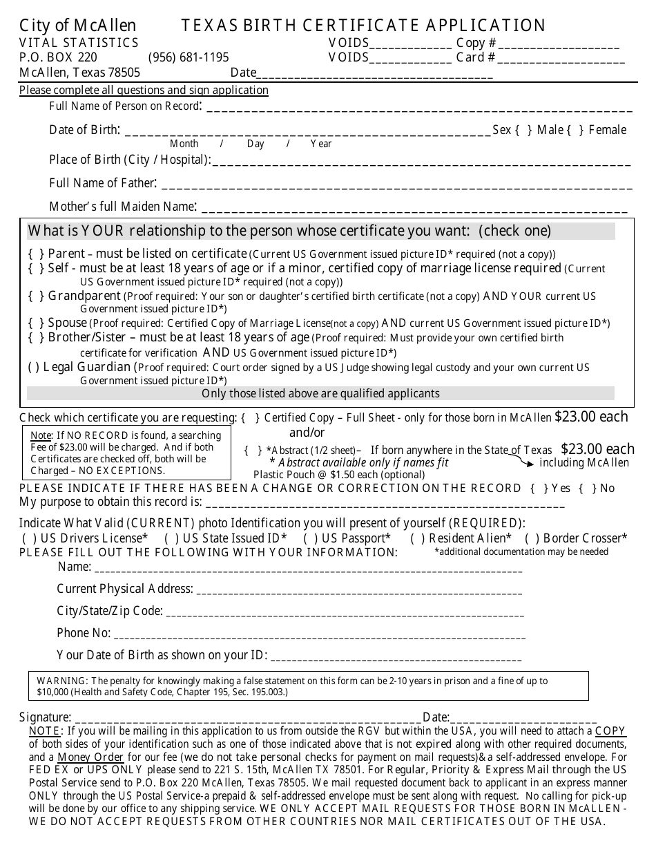 Texas Birth Certificate Application Form - City of McAllen, Texas, Page 1
