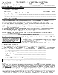 Document preview: Texas Birth Certificate Application Form - City of McAllen, Texas