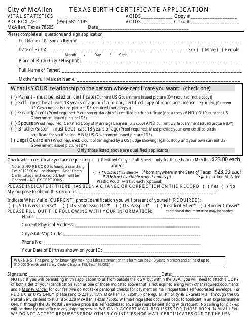 Texas Birth Certificate Application Form - City of McAllen, Texas Download Pdf