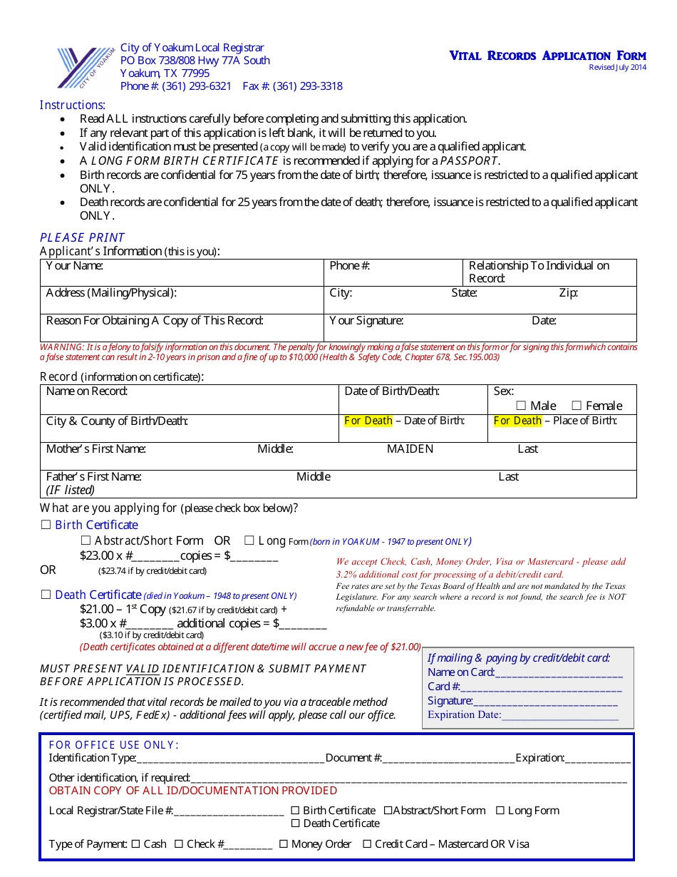 Vital Records Application Form - Texas, Page 1