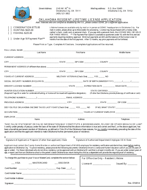 "Oklahoma Resident Lifetime License Application Form" - Oklahoma Download Pdf