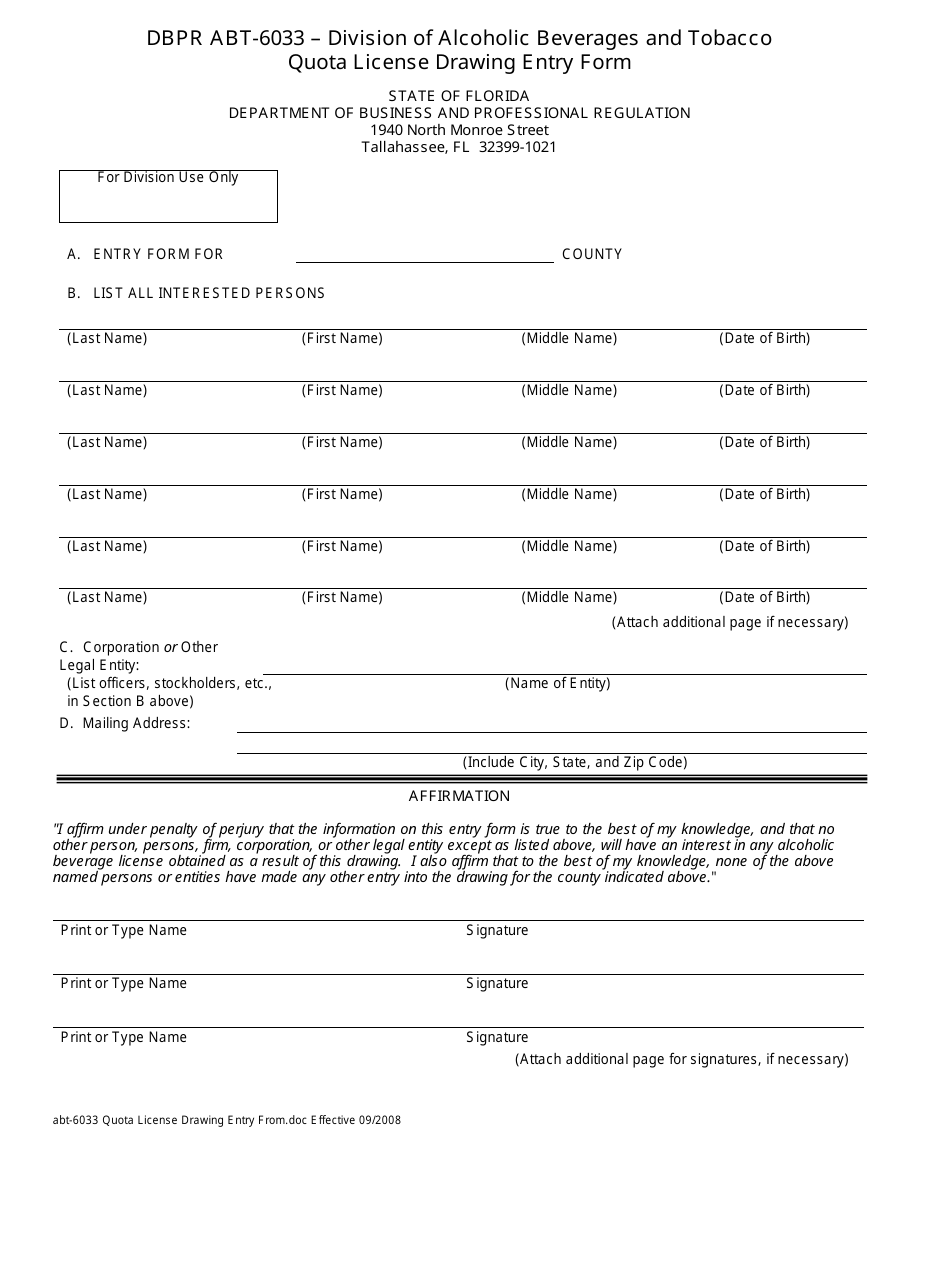 Form ABT-6033 Quota License Drawing Entry Form - Florida, Page 1