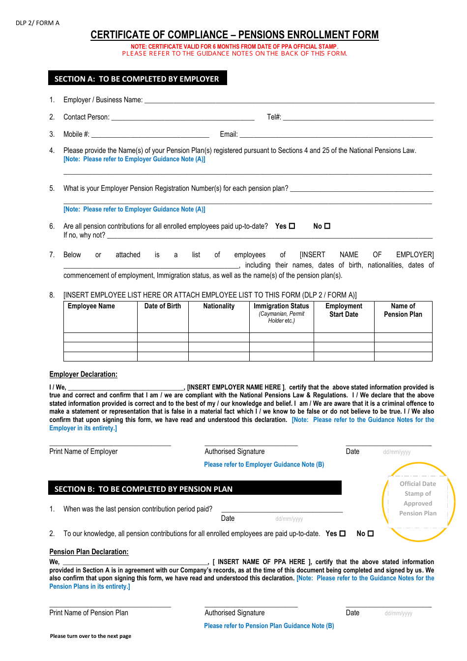 Form DLP2 (A) Download Printable PDF or Fill Online Certificate of  Compliance - Pensions Enrollment Form Cayman Islands | Templateroller